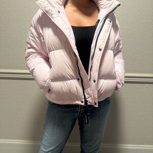 Aritzia Pink Puffer Jacket with High Collar and Hood